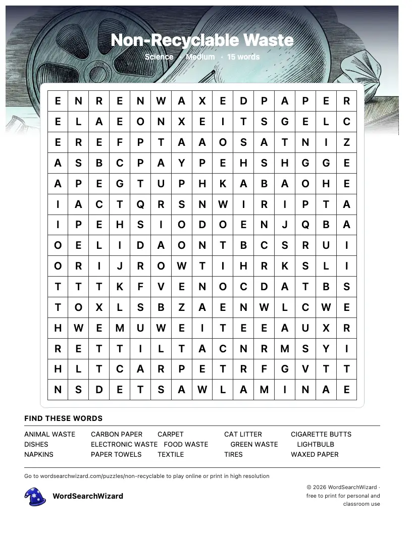 Non-Recyclable Waste word search printable sheet, 15 words to find