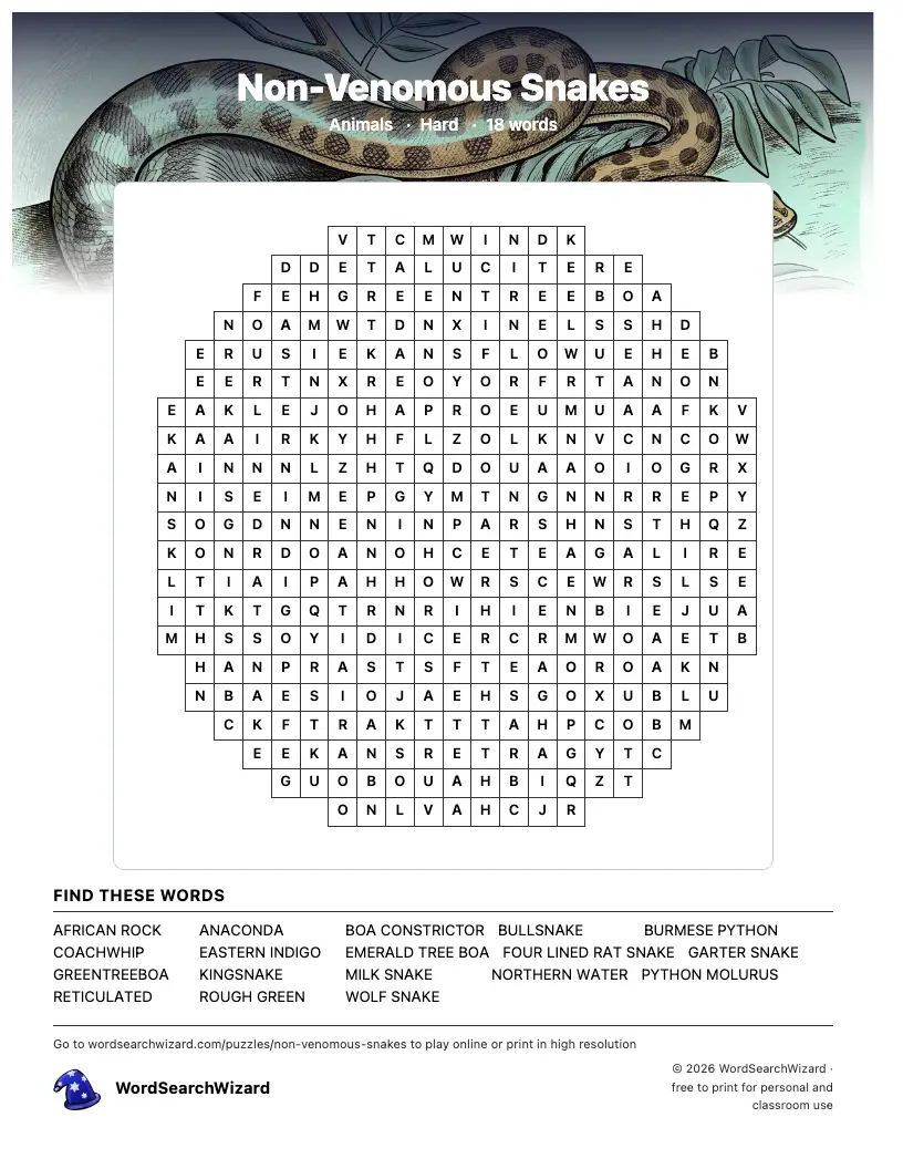 Non-Venomous Snakes word search printable sheet, 18 words to find