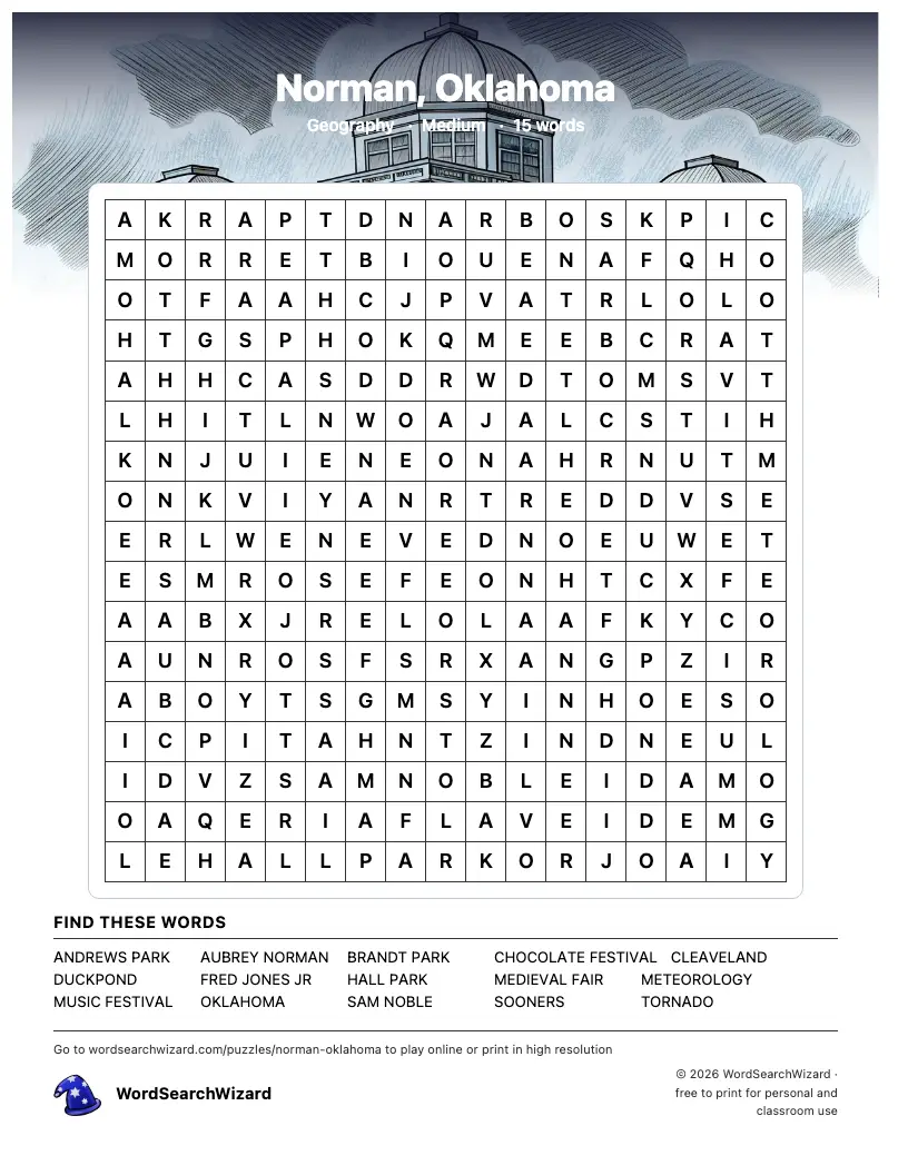 Norman, Oklahoma word search printable sheet, 15 words to find