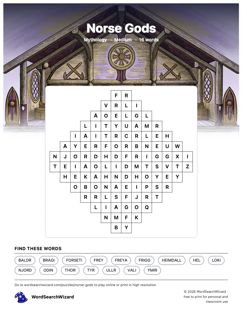 Norse Gods word search printable sheet, 16 words to find
