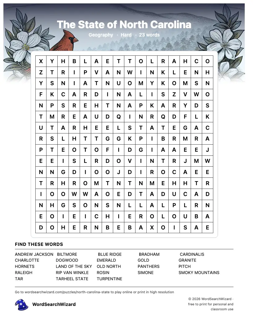 The State of North Carolina word search printable sheet, 23 words to find