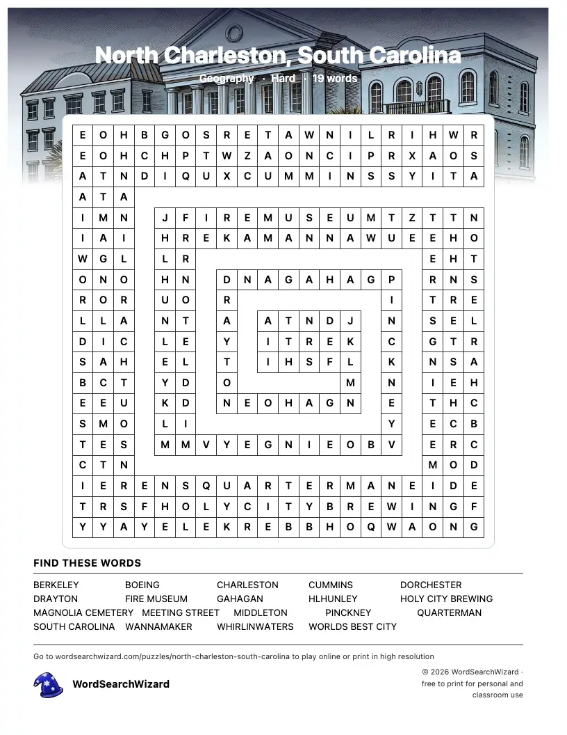 North Charleston, South Carolina word search printable sheet, 19 words to find