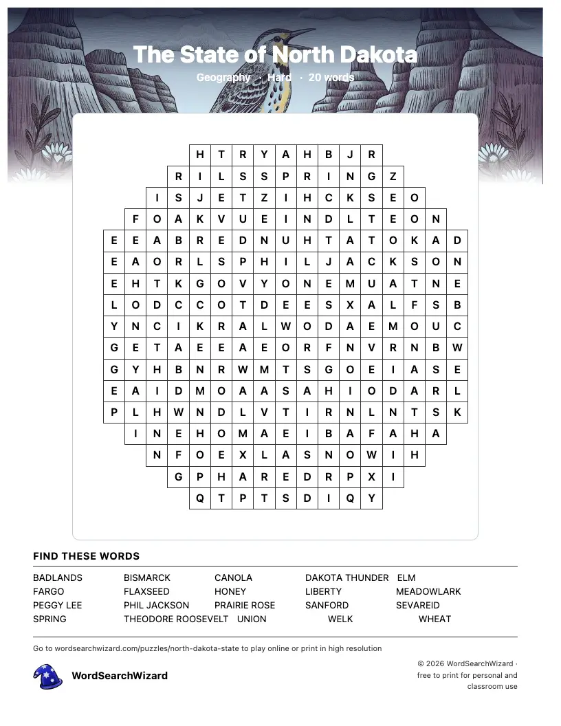 The State of North Dakota word search printable sheet, 20 words to find