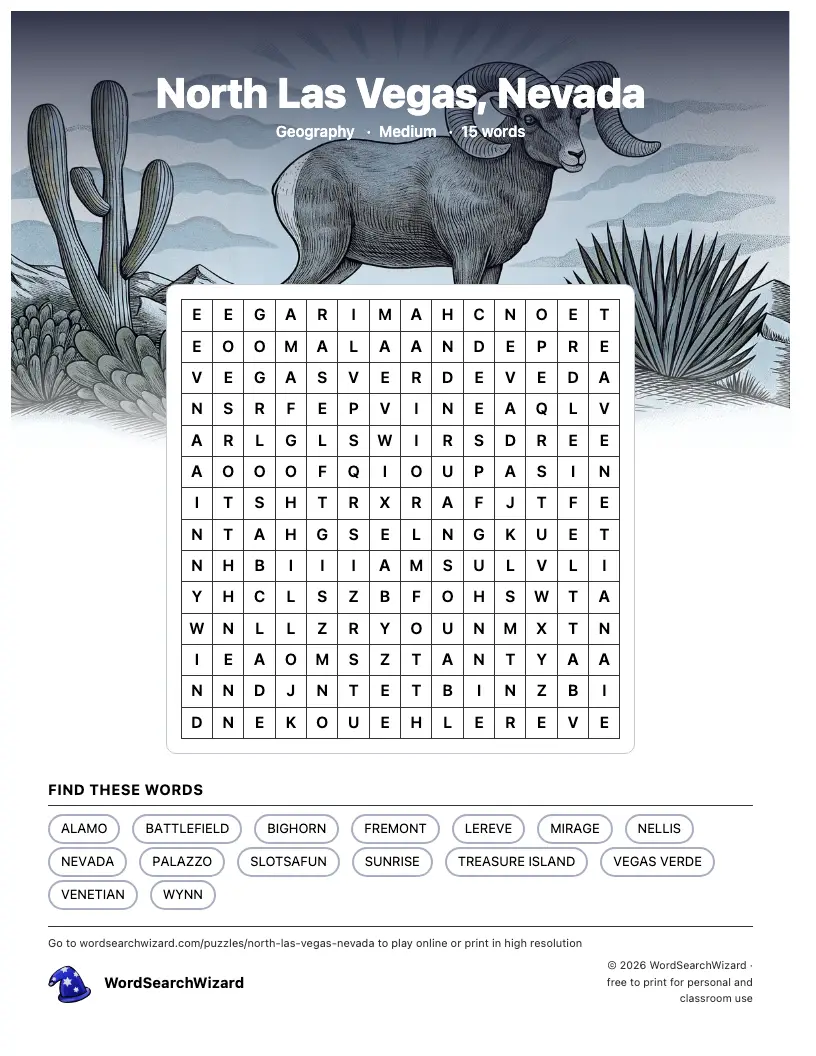 North Las Vegas, Nevada word search printable sheet, 15 words to find