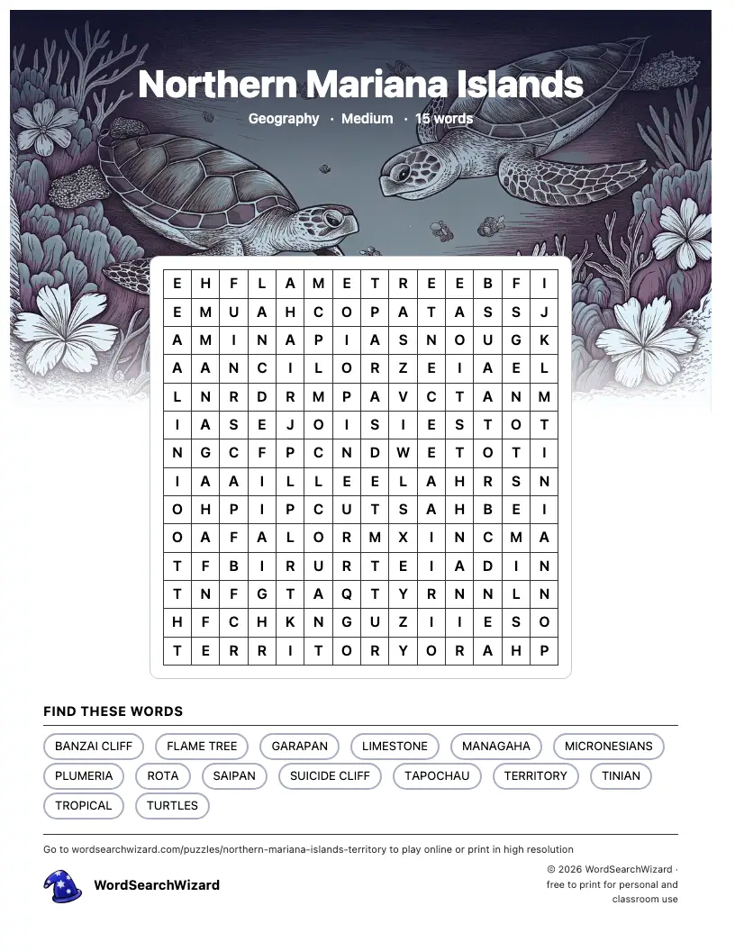 Northern Mariana Islands word search printable sheet, 15 words to find