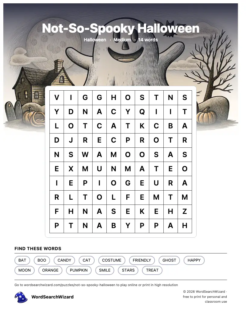 Not-So-Spooky Halloween word search printable sheet, 14 words to find