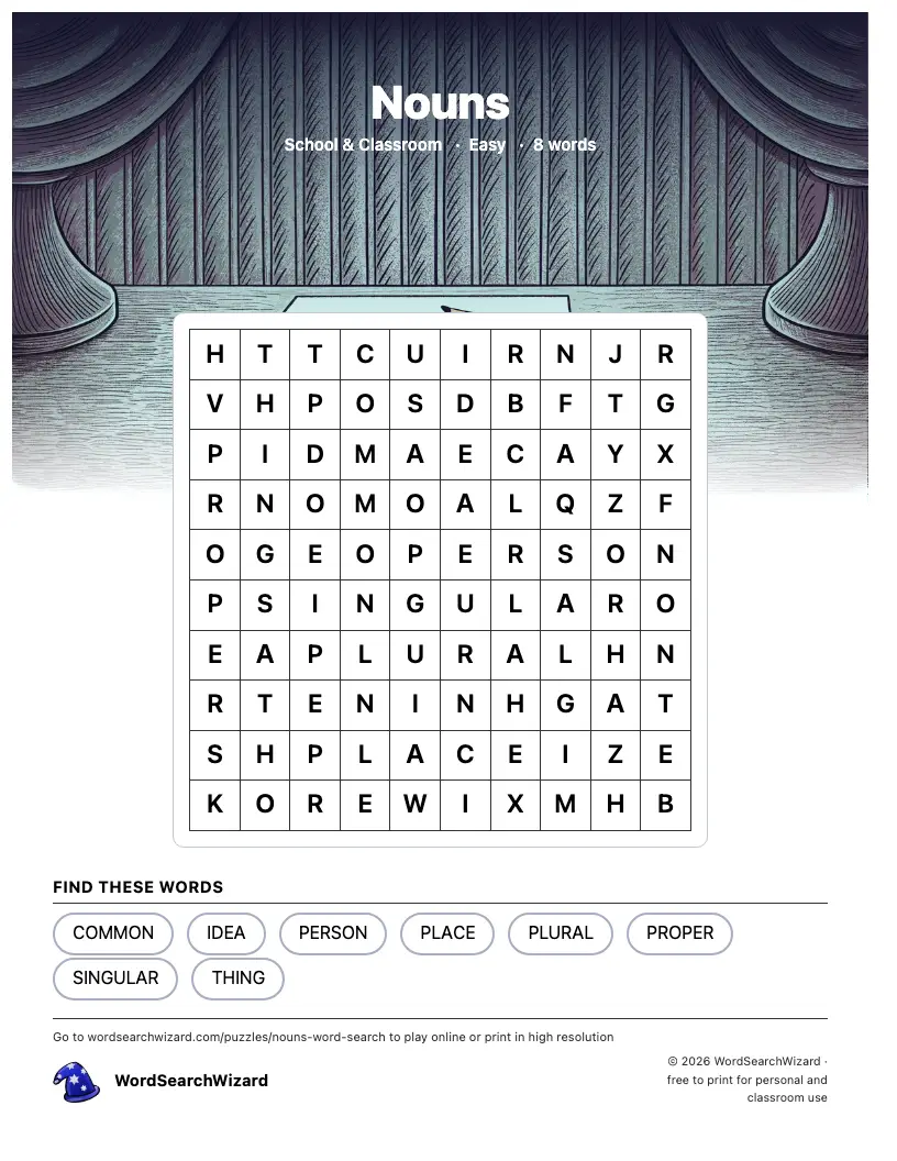 Nouns word search printable sheet, 8 words to find