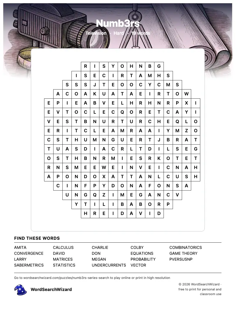 Numb3rs word search printable sheet, 19 words to find