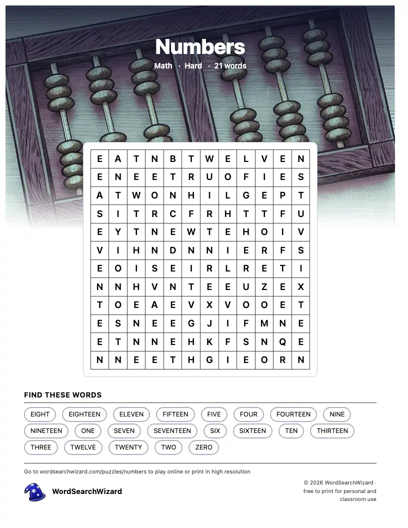 Numbers word search printable sheet, 21 words to find