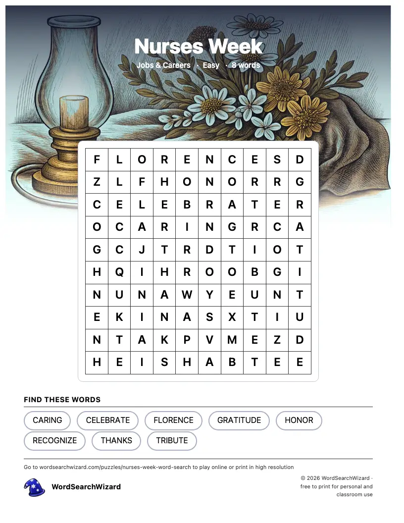 Nurses Week word search printable sheet, 8 words to find