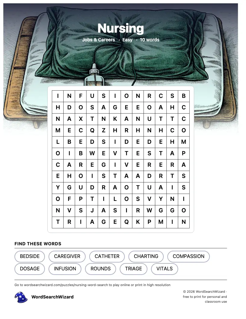 Nursing word search printable sheet, 10 words to find