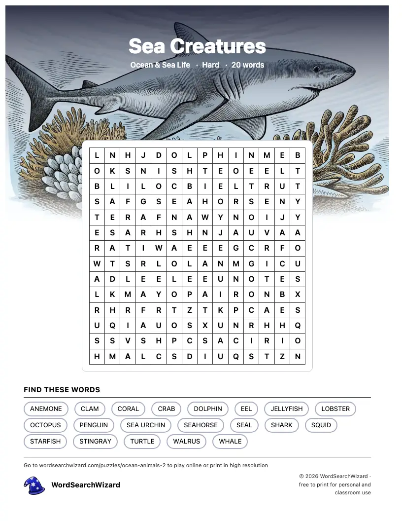 Sea Creatures word search printable sheet, 20 words to find