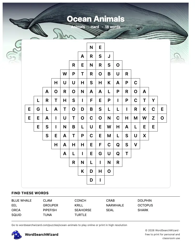 Ocean Animals word search printable sheet, 18 words to find