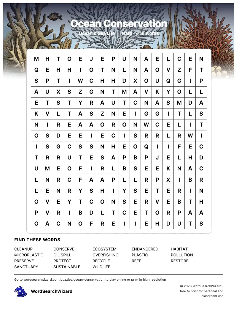 Ocean Conservation word search printable sheet, 18 words to find
