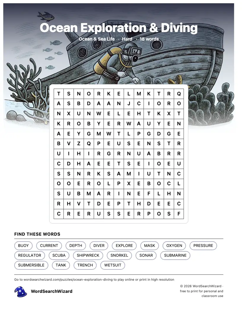 Ocean Exploration & Diving word search printable sheet, 18 words to find