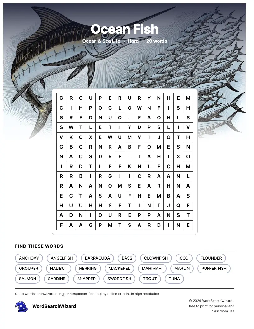 Ocean Fish word search printable sheet, 20 words to find