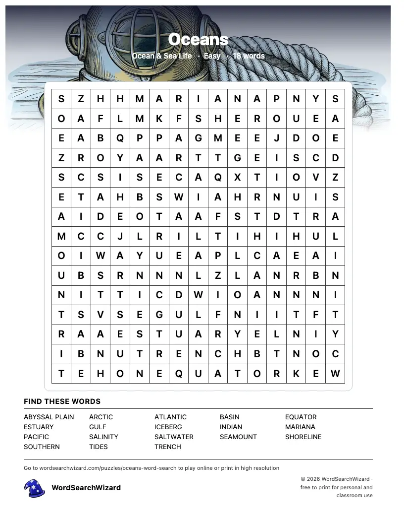 Oceans word search printable sheet, 18 words to find