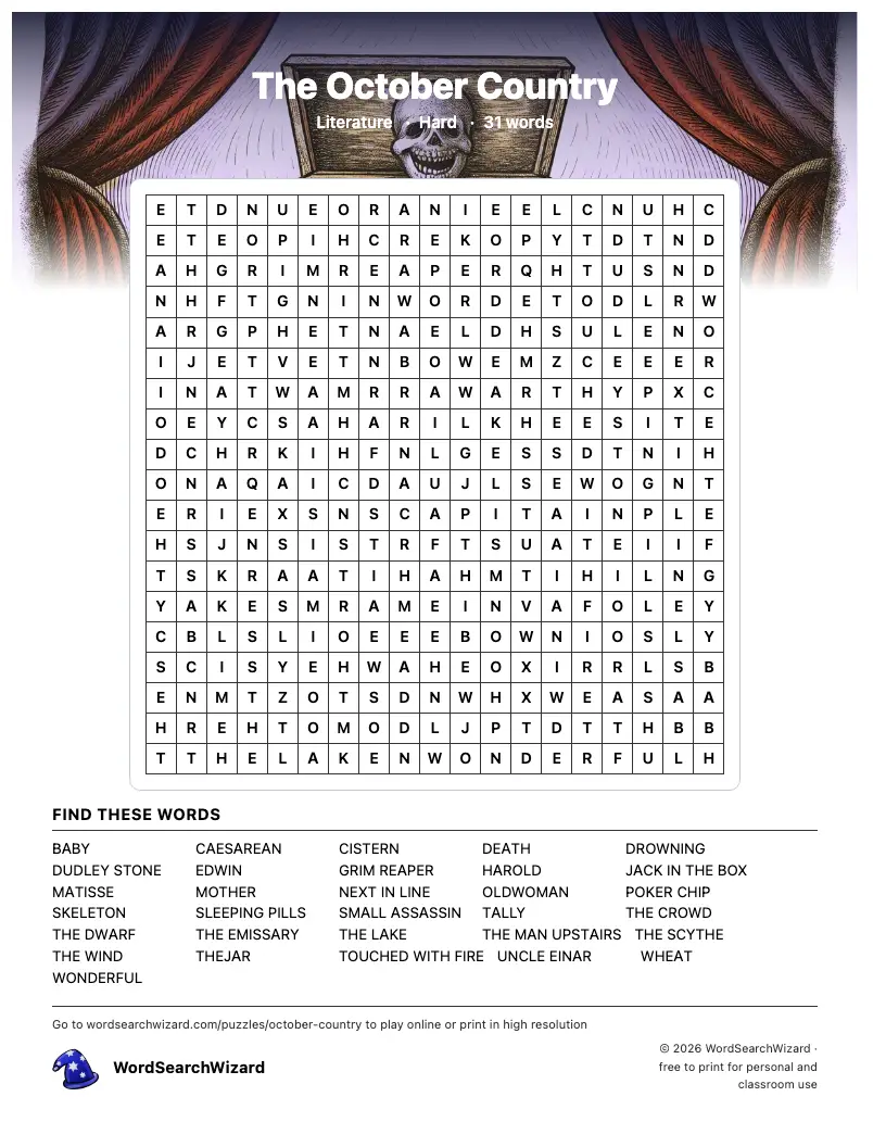 The October Country word search printable sheet, 31 words to find