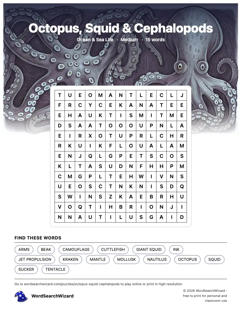 Octopus, Squid & Cephalopods word search printable sheet, 15 words to find