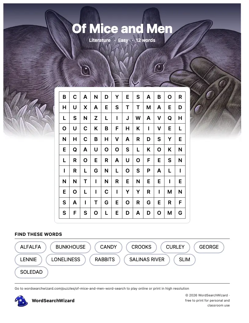 Of Mice and Men word search printable sheet, 12 words to find