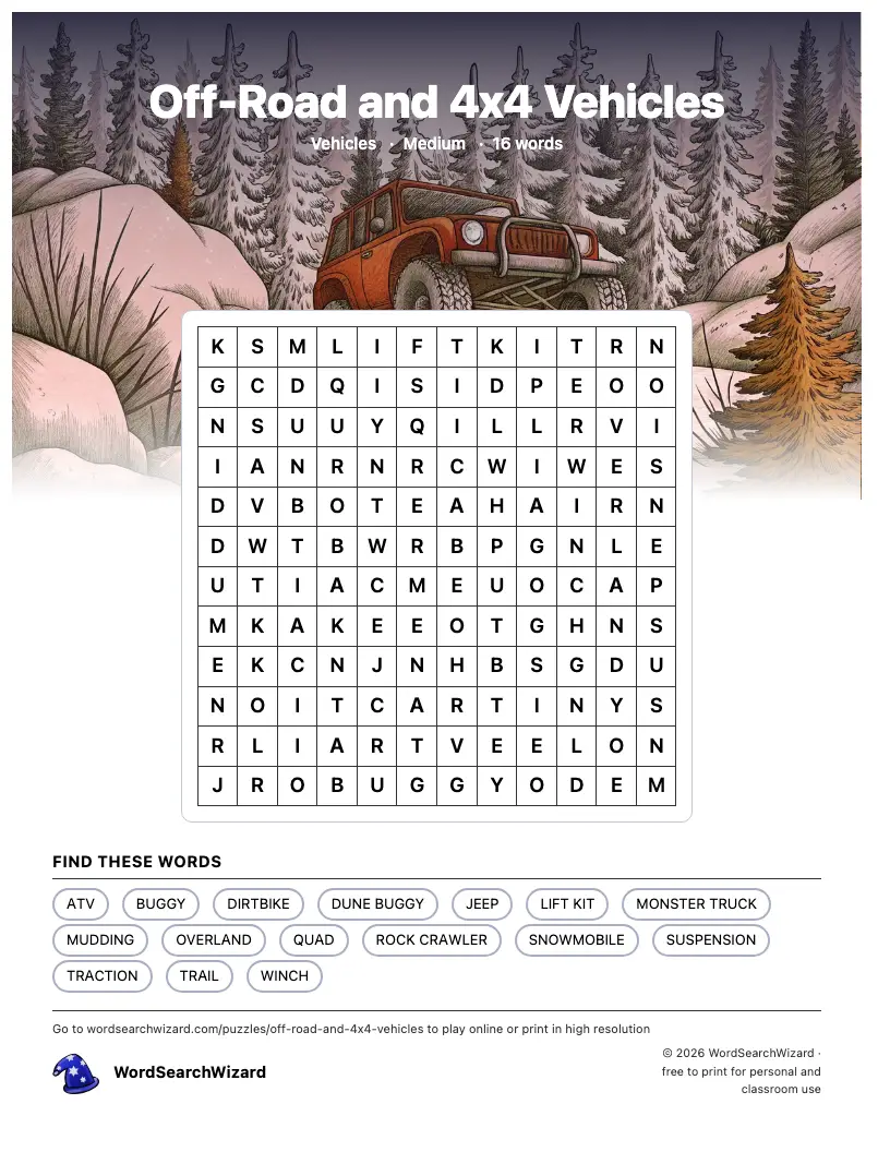 Off-Road and 4x4 Vehicles word search printable sheet, 16 words to find