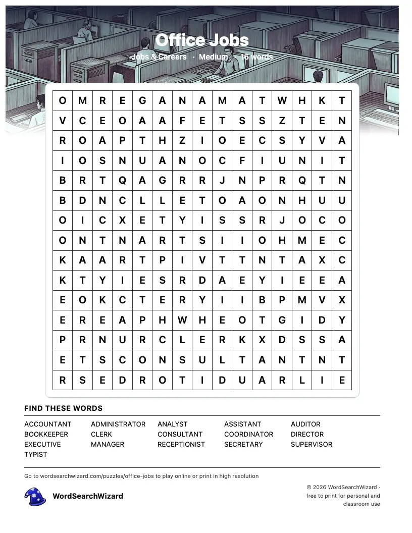 Office Jobs word search printable sheet, 16 words to find