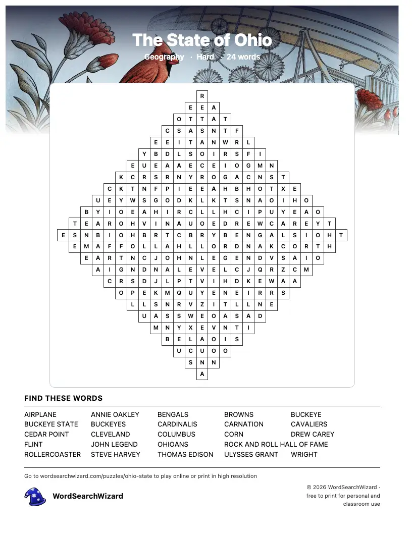 The State of Ohio word search printable sheet, 24 words to find