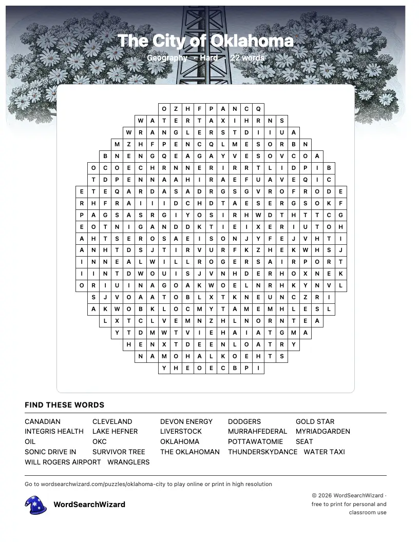 The City of Oklahoma word search printable sheet, 22 words to find