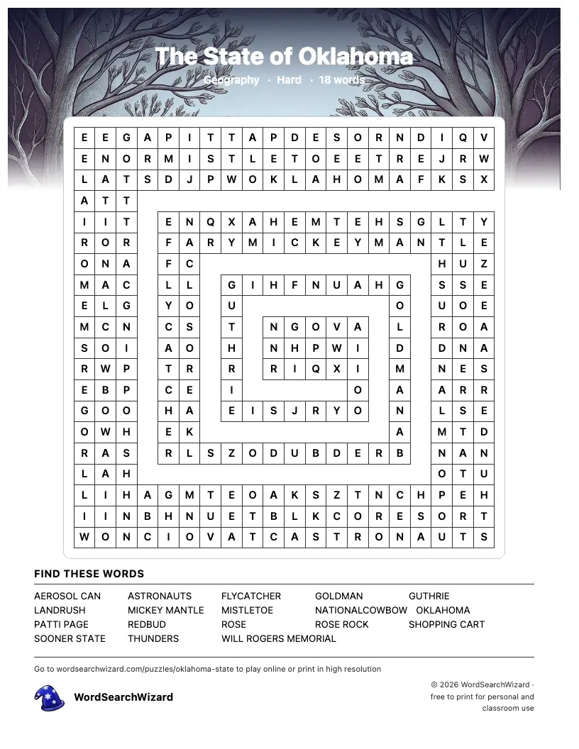 The State of Oklahoma word search printable sheet, 18 words to find
