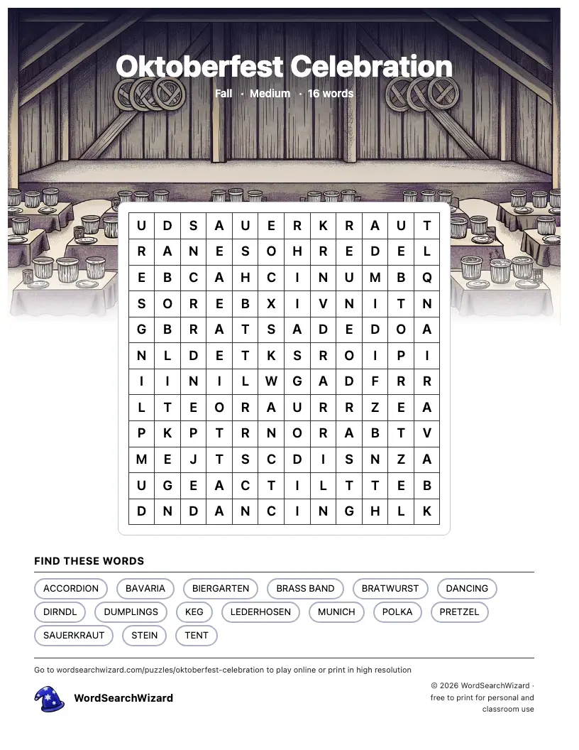 Oktoberfest Celebration word search printable sheet, 16 words to find