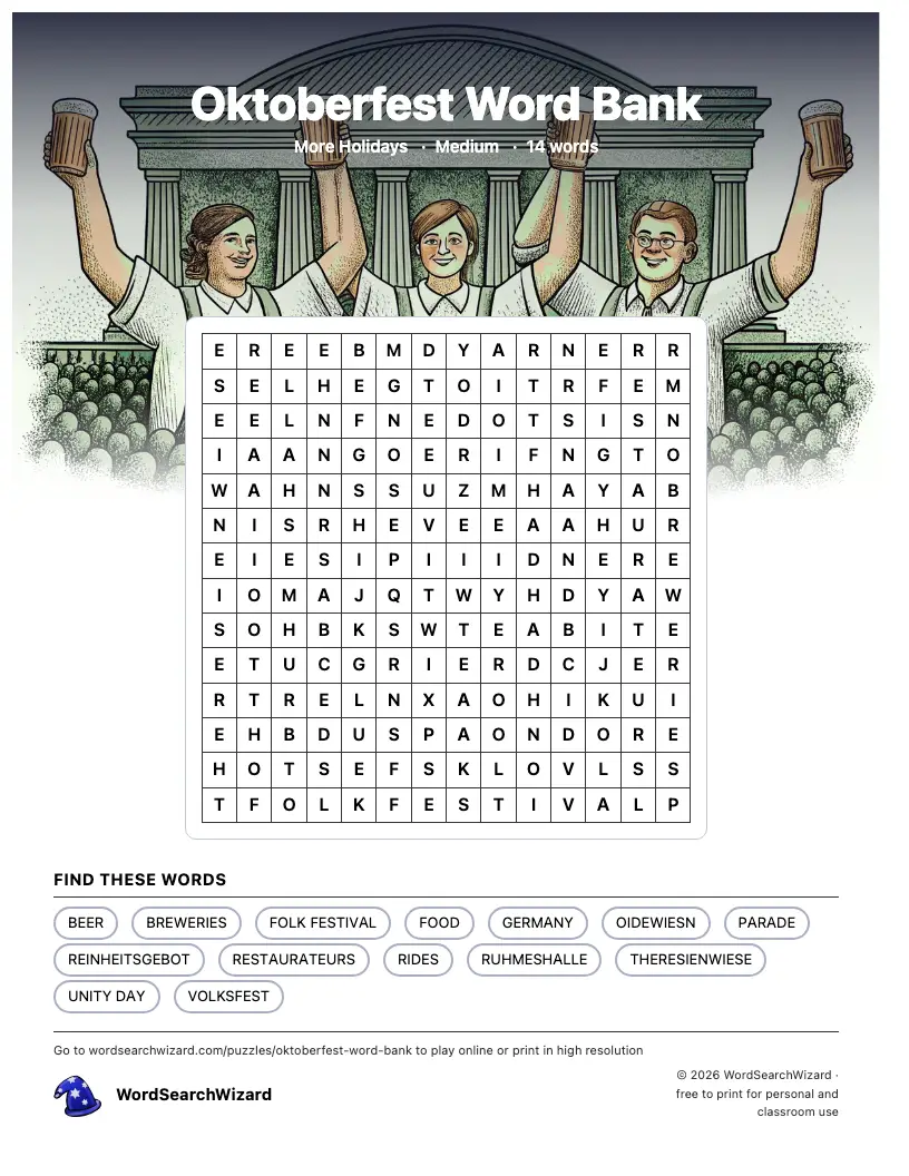 Oktoberfest Word Bank word search printable sheet, 14 words to find