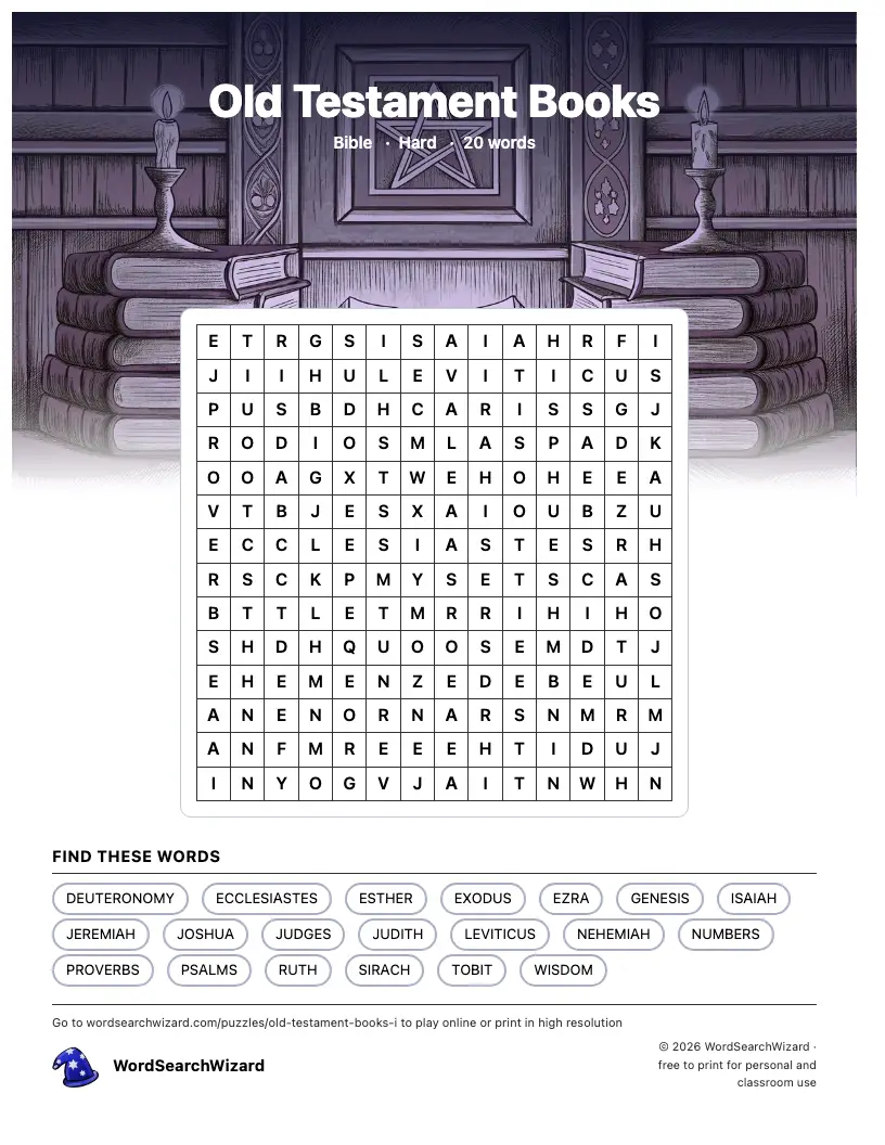 Old Testament Books word search printable sheet, 20 words to find