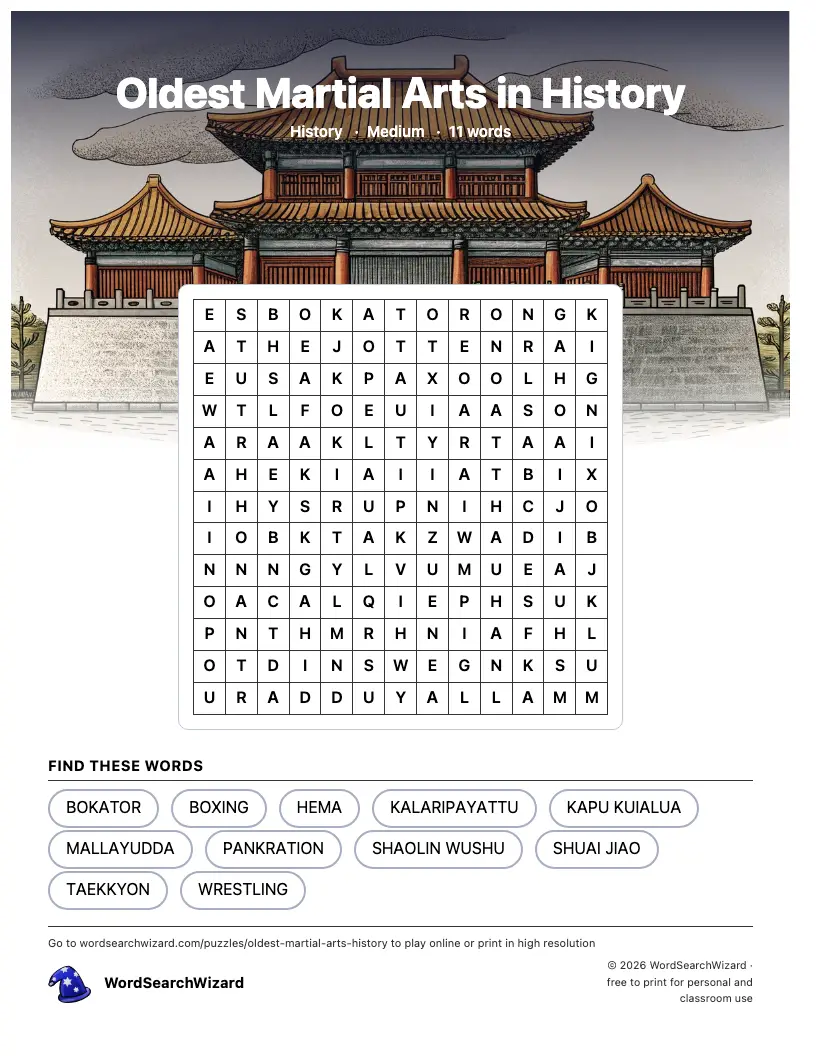 Oldest Martial Arts in History word search printable sheet, 11 words to find