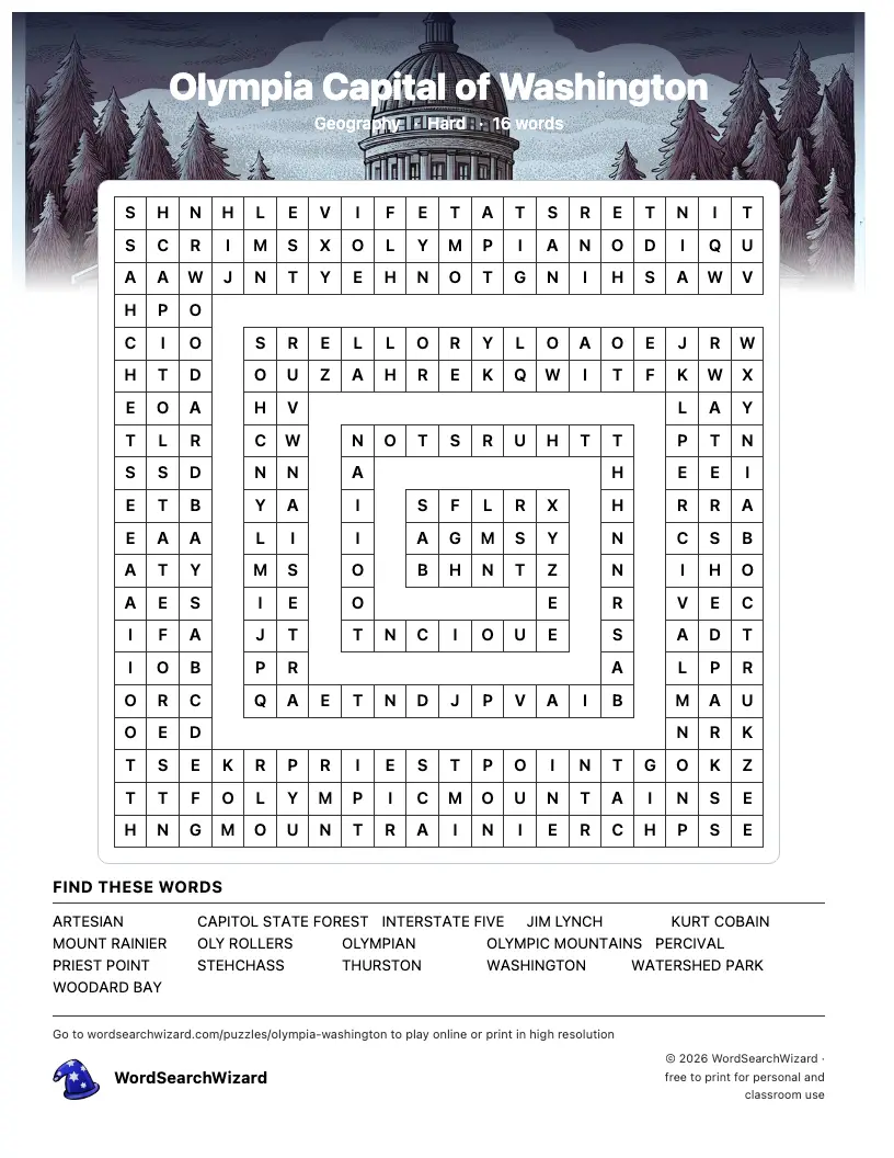 Olympia Capital of Washington word search printable sheet, 16 words to find