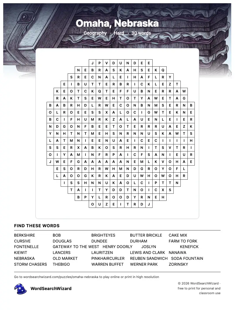 Omaha, Nebraska word search printable sheet, 30 words to find