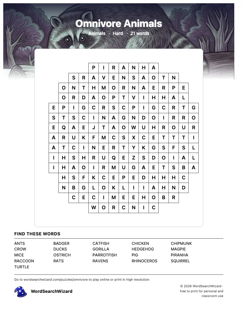 Omnivore Animals word search printable sheet, 21 words to find