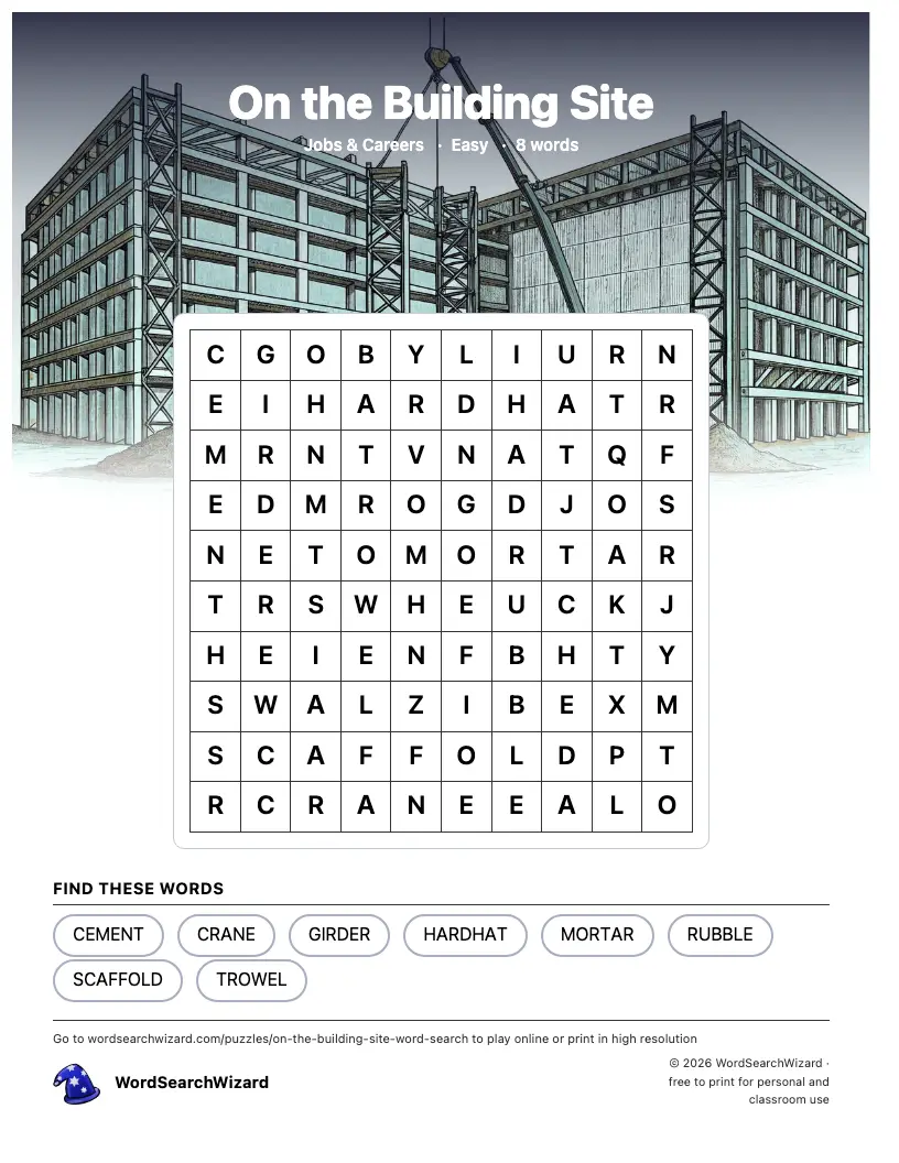 On the Building Site word search printable sheet, 8 words to find