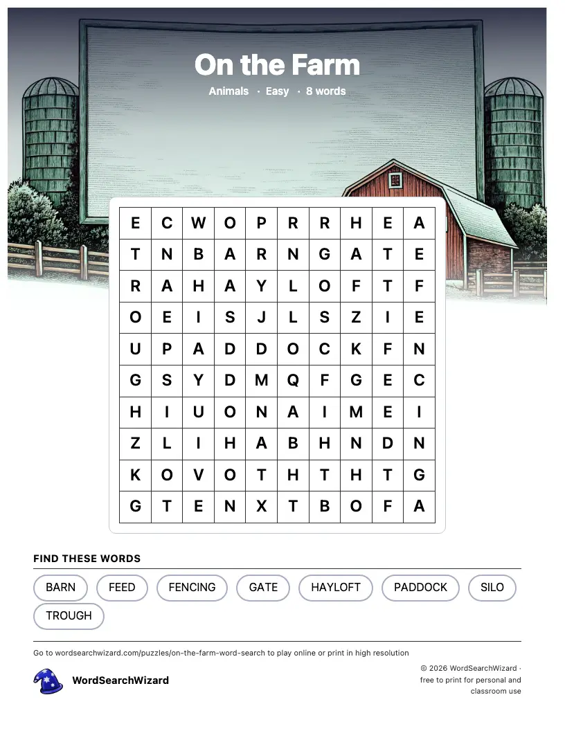 On the Farm word search printable sheet, 8 words to find