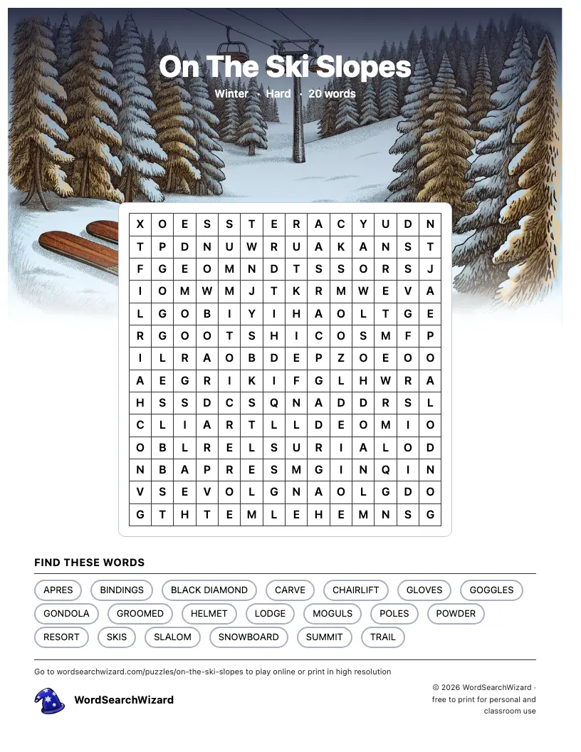 On The Ski Slopes word search printable sheet, 20 words to find