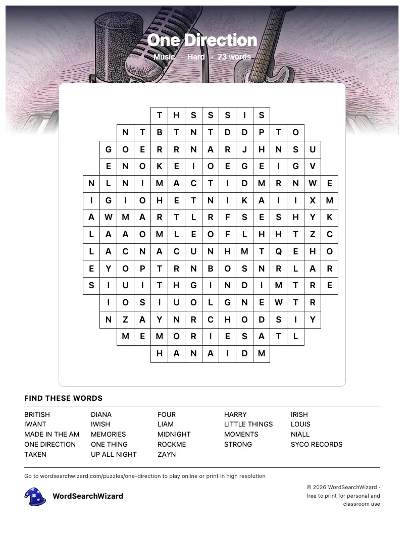 One Direction word search printable sheet, 23 words to find