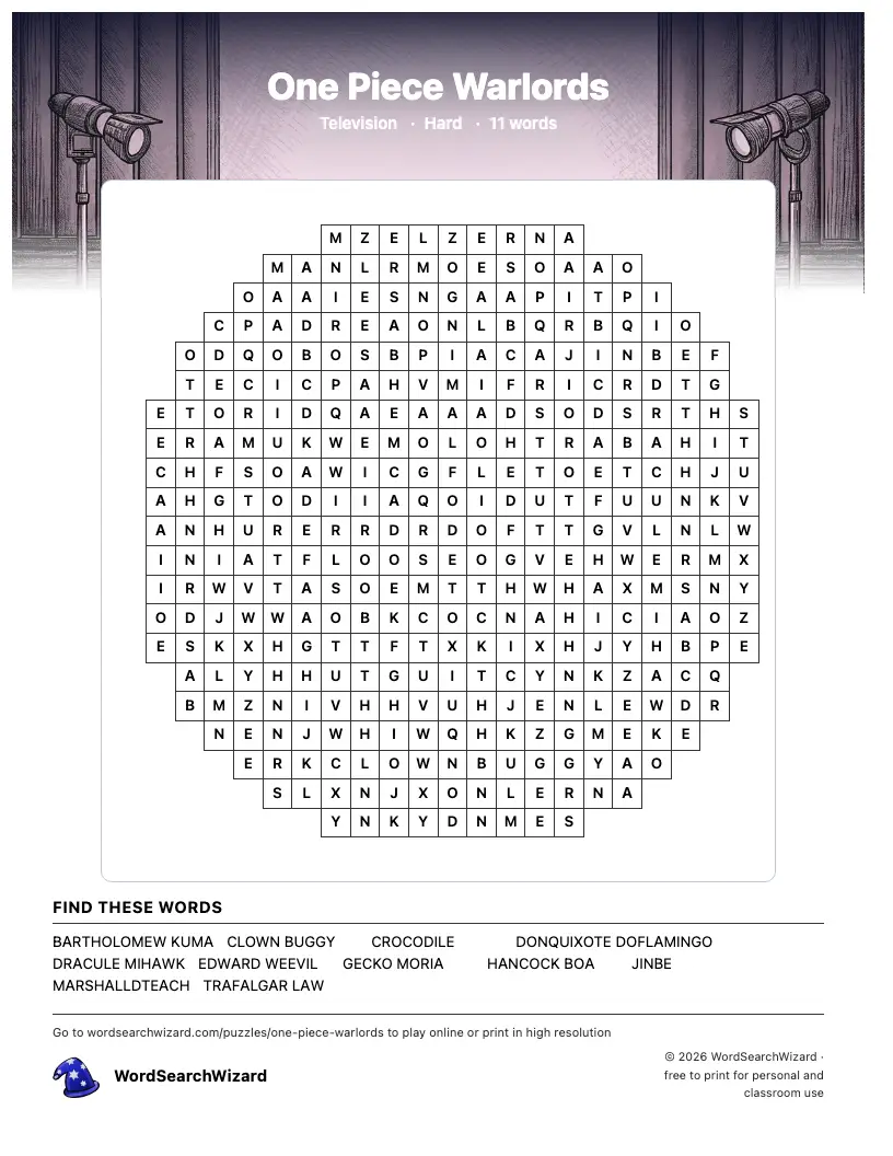 One Piece Warlords word search printable sheet, 11 words to find