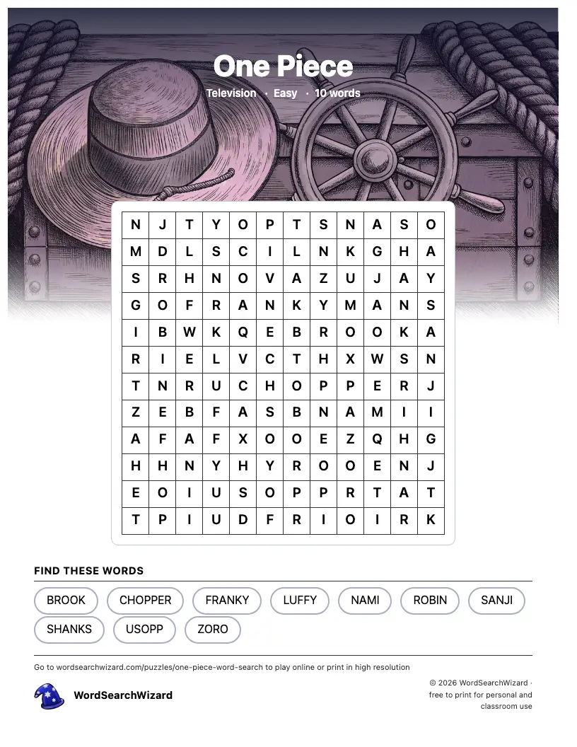 One Piece word search printable sheet, 10 words to find
