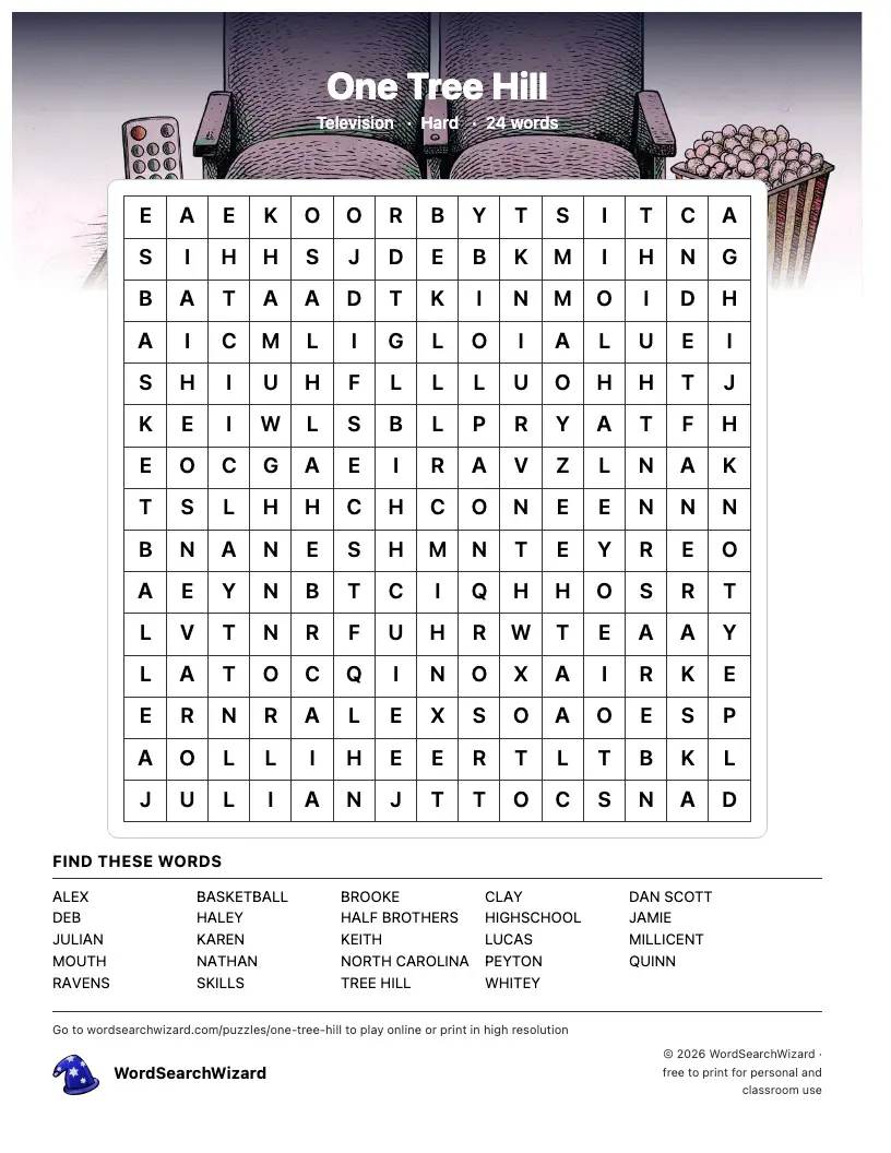 One Tree Hill word search printable sheet, 24 words to find
