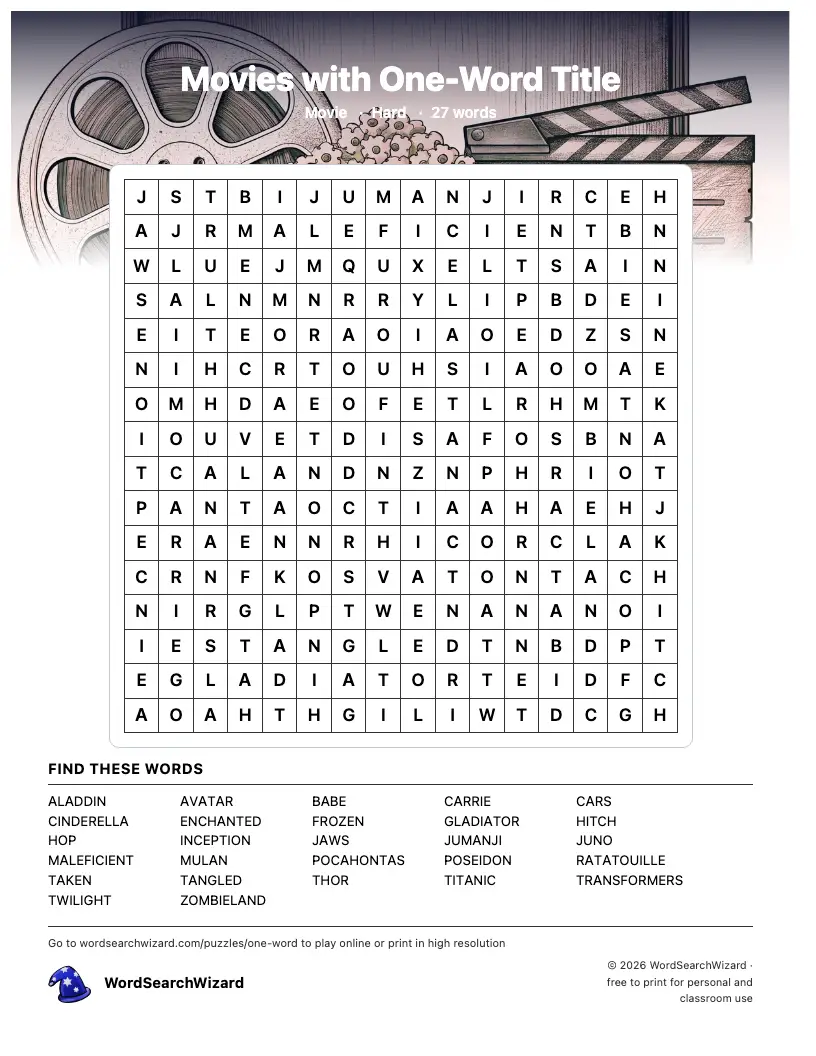 Movies with One-Word Title word search printable sheet, 27 words to find