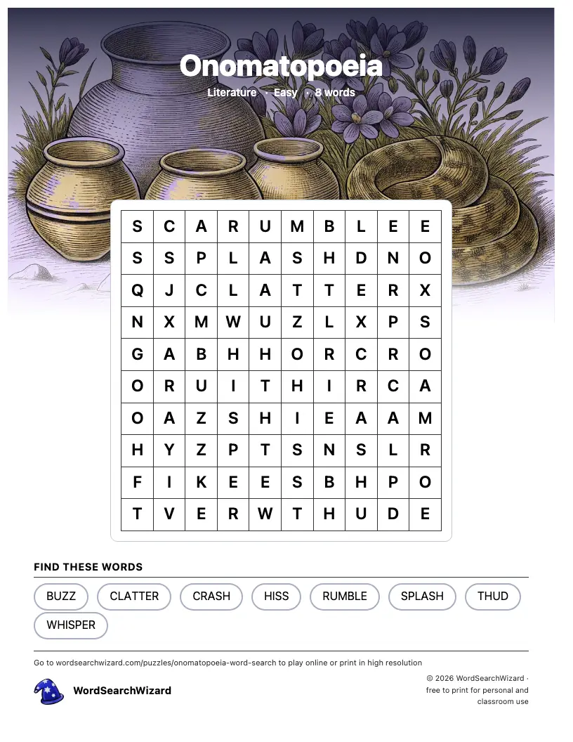 Onomatopoeia word search printable sheet, 8 words to find