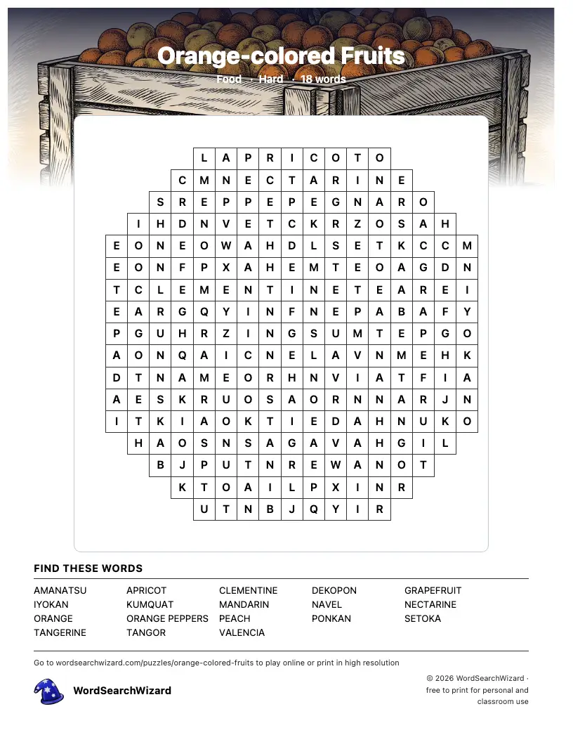 Orange-colored Fruits word search printable sheet, 18 words to find