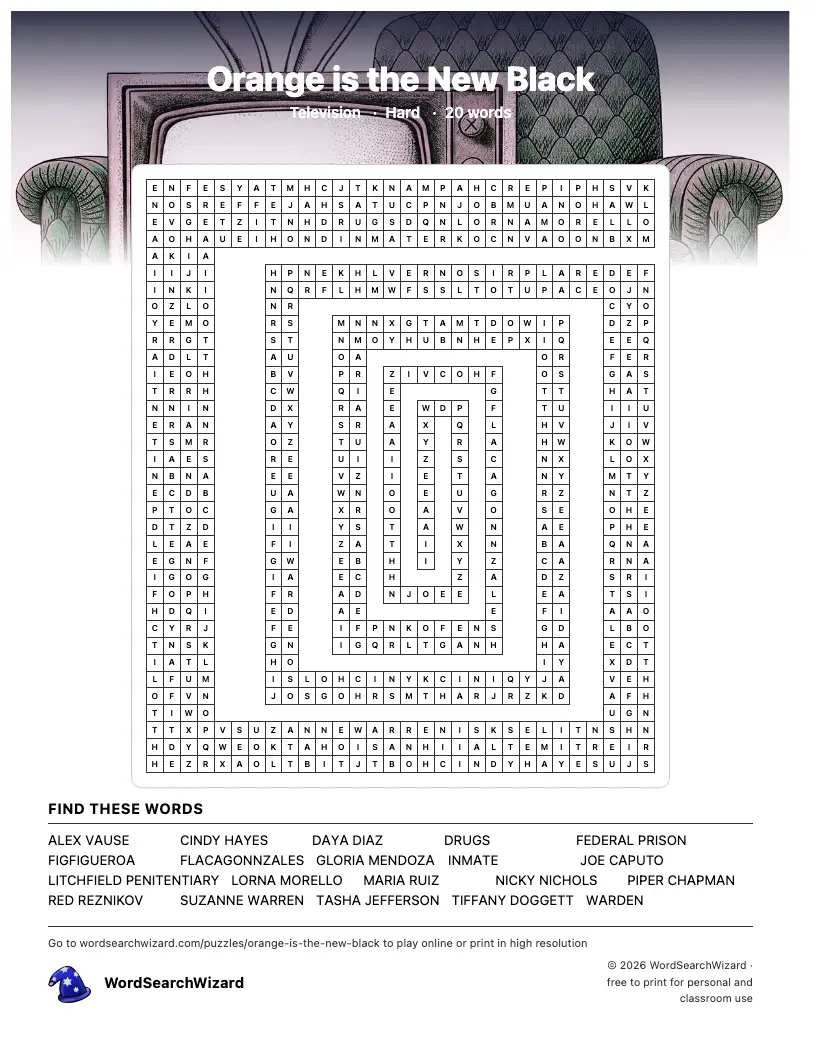 Orange is the New Black word search printable sheet, 20 words to find