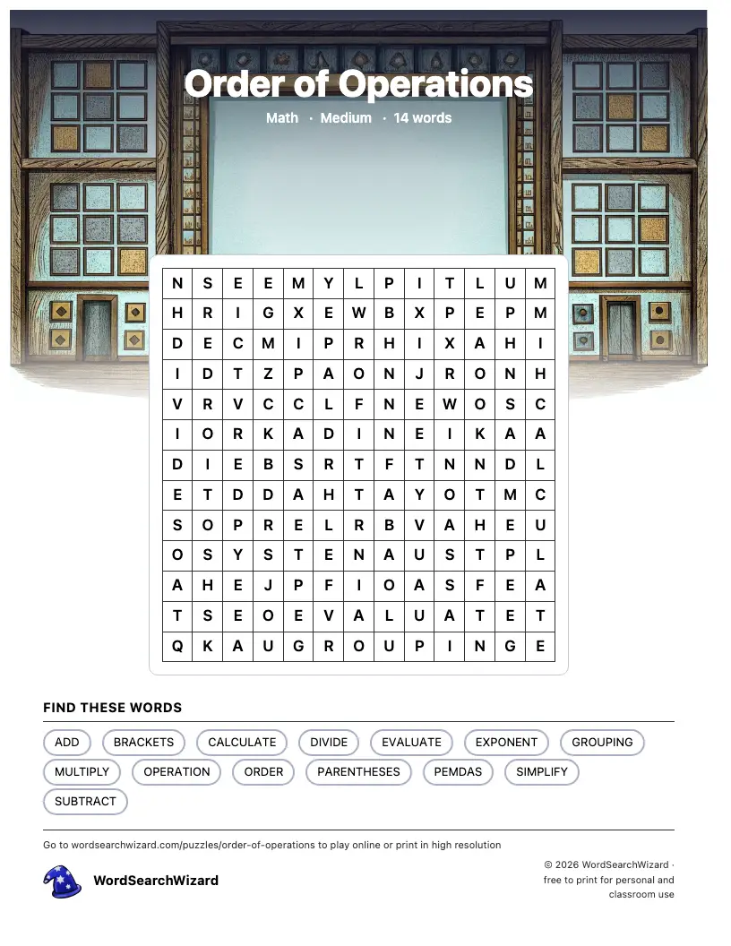 Order of Operations word search printable sheet, 14 words to find