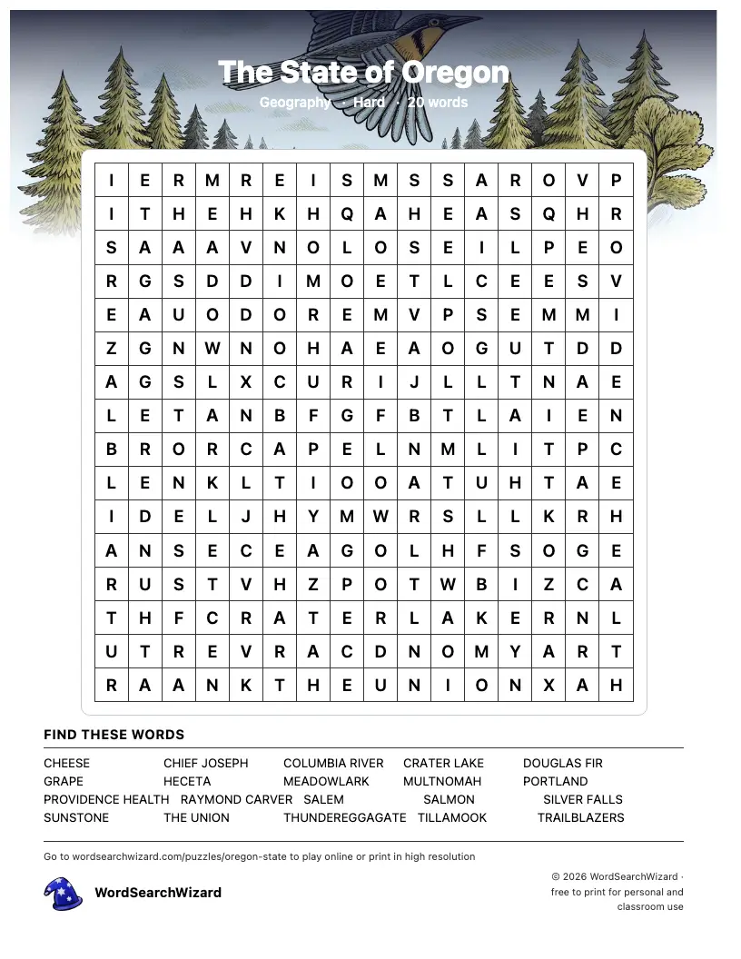 The State of Oregon word search printable sheet, 20 words to find