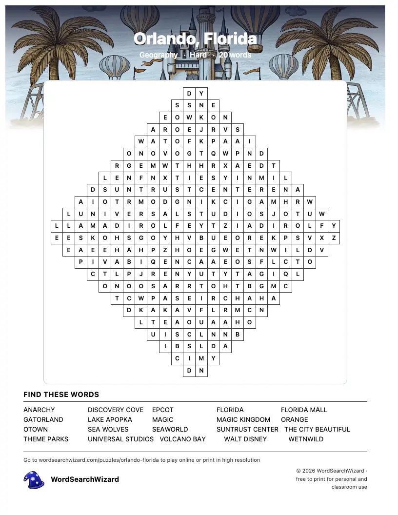 Orlando, Florida word search printable sheet, 20 words to find